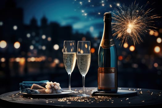 Two Glasses of champagne and bottle against fireworks and holiday lights. Generative AI.