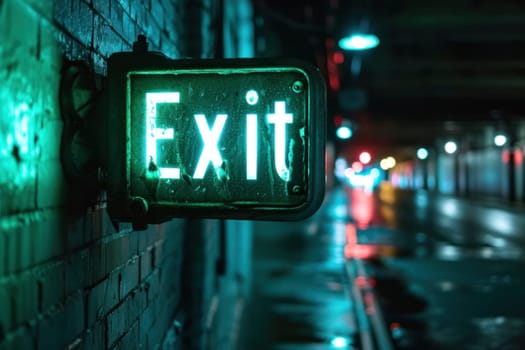 Exit sign glowing in green. Generative AI.