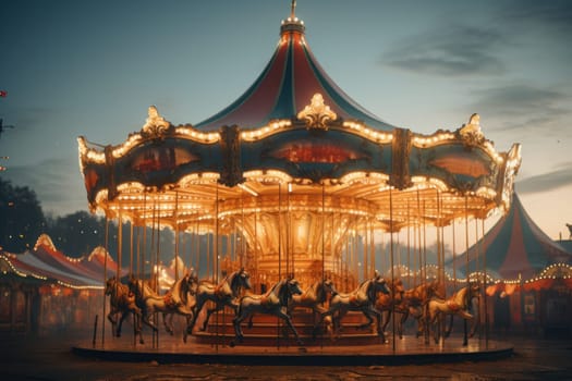 Festive carousel with flying reindeer instead of horses. Generative AI.