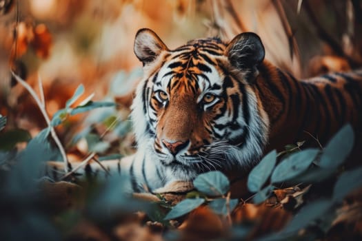 A tiger is lurking behind the leaves. Generative AI.