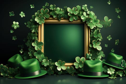 Flat design St. patrick's day, festive leprechaun green shamrocks on photo frame. Generative AI.