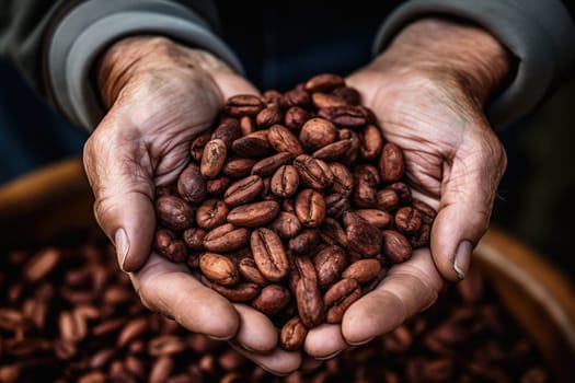 Hands holding roasted coffee beans. Generative AI.
