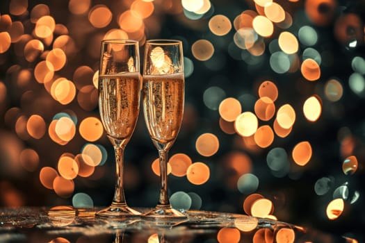Two toast glasses with champagne on a table with bokeh background. Generative AI.