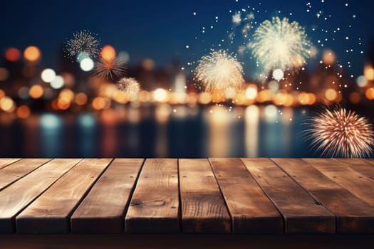 Empty wooden table with blurred background with a city with fireworks on New Year. Generative AI.