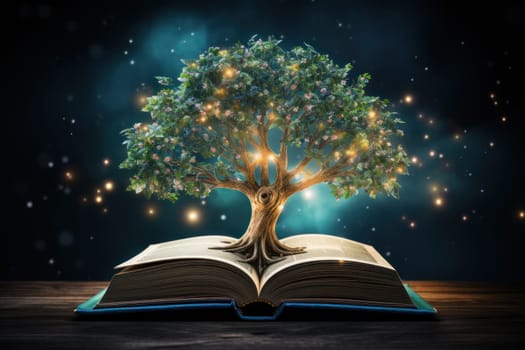 Tree growing out of open book on fantasy background. Generative AI.