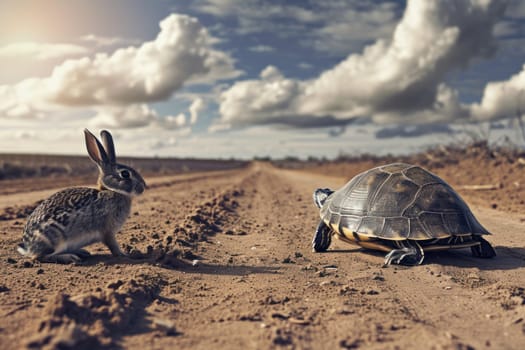 Turtle and rabbit on race track. Concept compete for success. Generative AI.