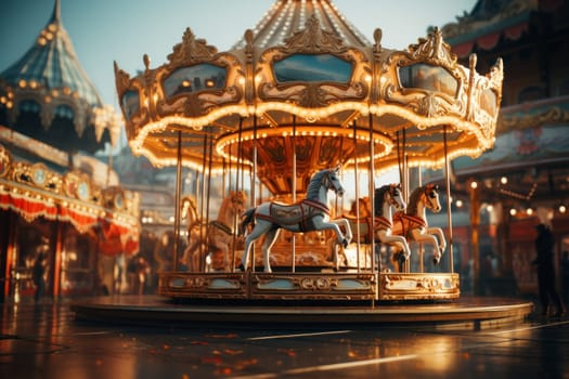 Festive carousel with flying reindeer instead of horses. Generative AI.