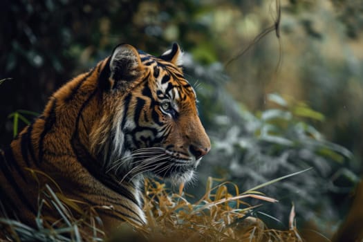 A tiger is lurking behind the leaves. Generative AI.