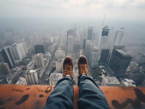 A person's feet laying on the skyscraper. Generative AI.