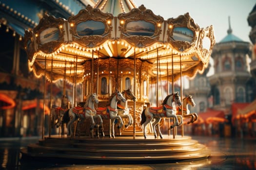 Festive carousel with flying reindeer instead of horses. Generative AI.