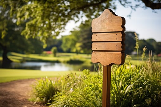 Close up golf course wooden wayfinding signage board. Generative AI.