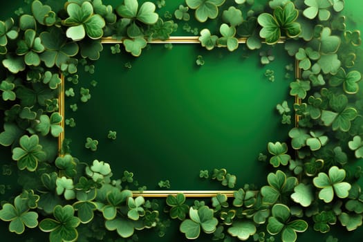 Flat design St. patrick's day, festive leprechaun green shamrocks on photo frame. Generative AI.