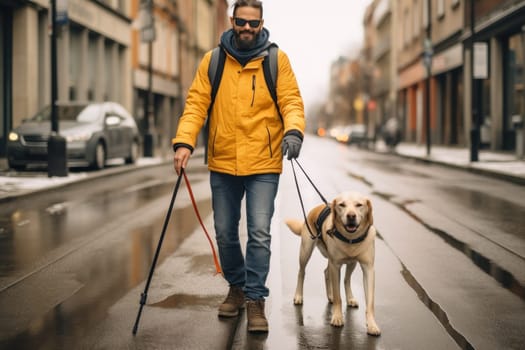 Blind man walking accompanied by his beloved dog. Generative AI.