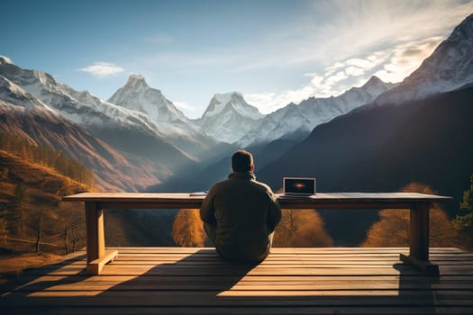 Digital nomad working on a laptop with a breathtaking mountain view. Generative AI.