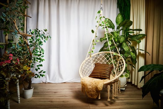 Modern cozy beautiful room with a braided rope macrame chair, green plants and a window with curtains. Interior and background. Location for photo shooting