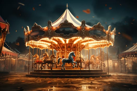 Festive carousel with flying reindeer instead of horses. Generative AI.