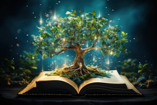 Tree growing out of open book on fantasy background. Generative AI.