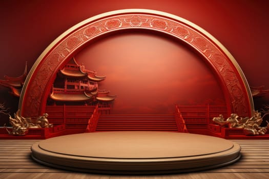 Red and gold podium with ornament as Chinese new year greeting card background. Generative AI.