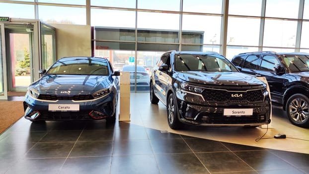 Kazan, Russia - April 04, 2023: Cars in showroom of dealership KIA. Re-export to Russia