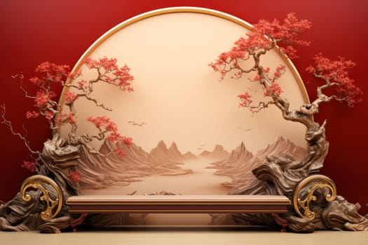 Red and gold podium with ornament as Chinese new year greeting card background. Generative AI.