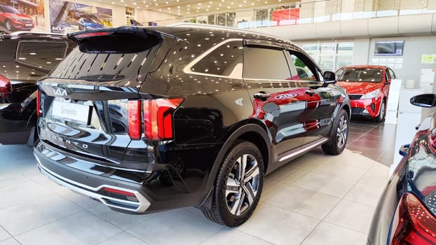 Kazan, Russia - April 04, 2023: Cars in showroom of dealership KIA. Re-export to Russia