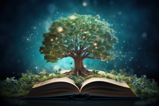 Tree growing out of open book on fantasy background. Generative AI.