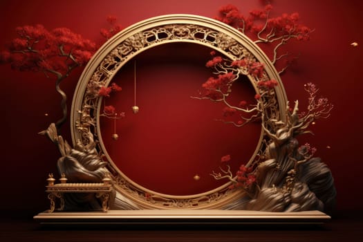 Red and gold podium with ornament as Chinese new year greeting card background. Generative AI.