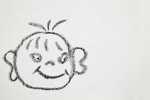 Concept for positive attitude with hand drawn fat tricky child face on white background. Psychology, emotion, smiley face, place for text and copy space