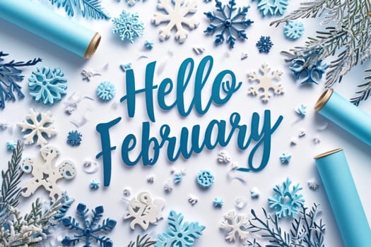 Text Hello February on seasonal background. Generative AI.