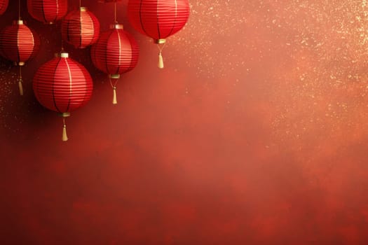 Chinese New Year photo realistic Lantern on glitter gold paper Background. Generative AI.