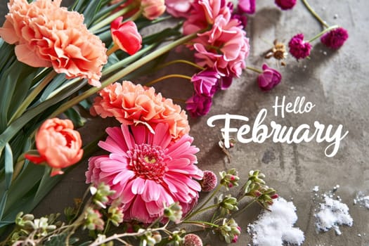 Text Hello February on seasonal background. Generative AI.