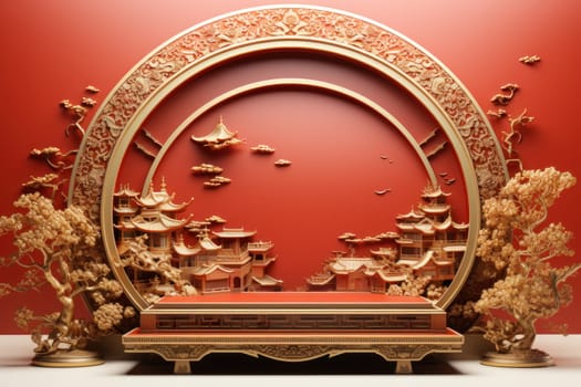 Red and gold podium with ornament as Chinese new year greeting card background. Generative AI.