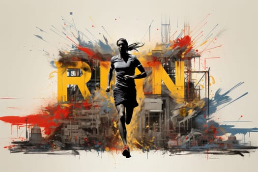 Illustration of a running side view, colorful splashes. Generative AI.