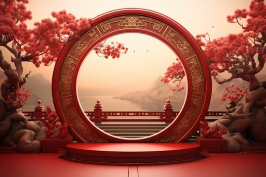 Red and gold podium with ornament as Chinese new year greeting card background. Generative AI.