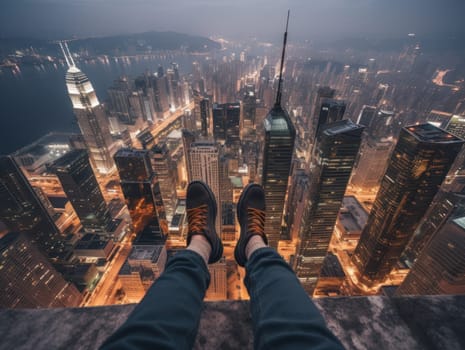 A person's feet laying on the skyscraper. Generative AI.