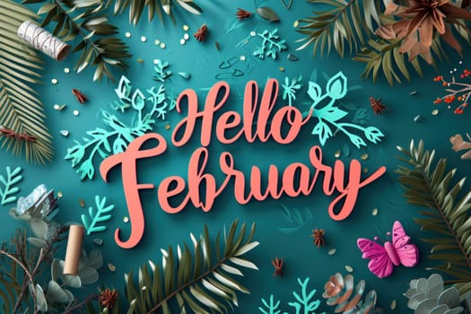 Text Hello February on seasonal background. Generative AI.