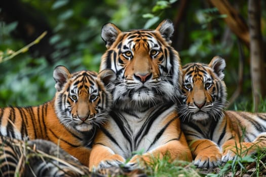 A tiger is lurking behind the leaves. Generative AI.