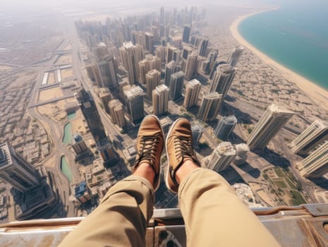 A person's feet laying on the skyscraper. Generative AI.