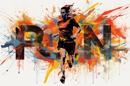 Illustration of a running side view, colorful splashes. Generative AI.