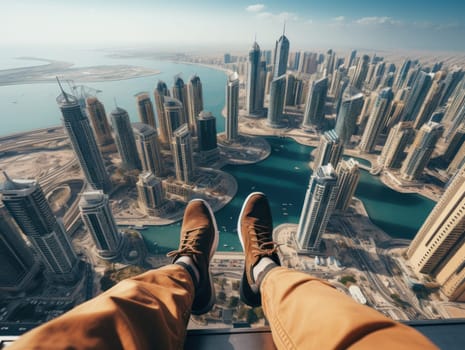 A person's feet laying on the skyscraper. Generative AI.