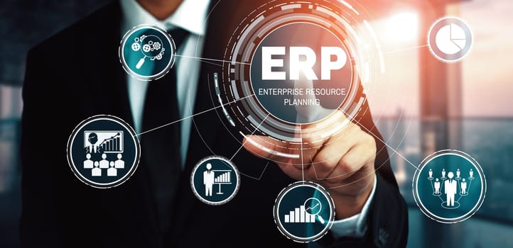 Enterprise Resource Management ERP software system for business resources plan presented in modern graphic interface showing future technology to manage company enterprise resource. uds