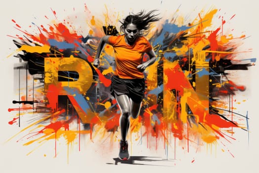 Illustration of a running side view, colorful splashes. Generative AI.