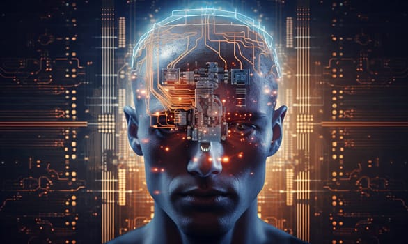 outline of a human skull and brain in frontal view with built-in luminous chips, mind control and management concept, augmented reality, futuristic future,Generated AI