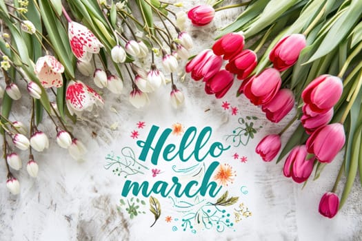 Text Hello March on event seasonal background. Generative AI.