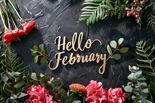 Text Hello February on seasonal background. Generative AI.