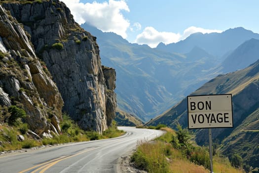The road is winding in the mountains and has BON VOYAGE big signs. Generative AI.