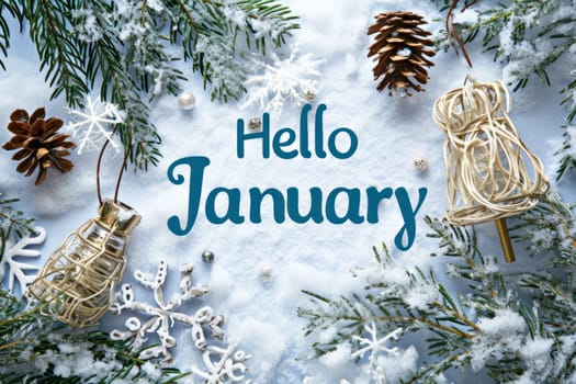 Text Hello January on seasonal background. Generative AI.