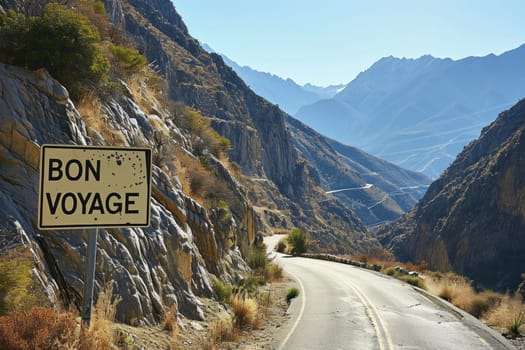 The road is winding in the mountains and has BON VOYAGE big signs. Generative AI.