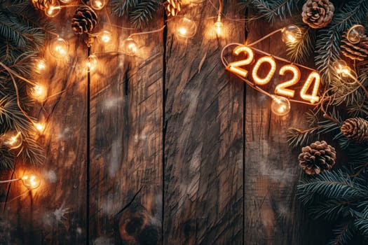 A rustic wood background with 2024 in bright lights New Year Flat lay top view, with copy space. Generative AI.