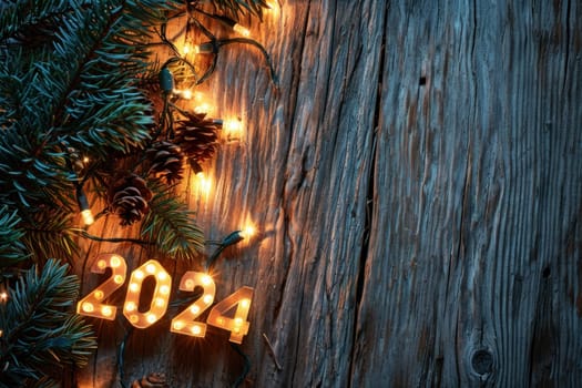 A rustic wood background with 2024 in bright lights New Year Flat lay top view, with copy space. Generative AI.